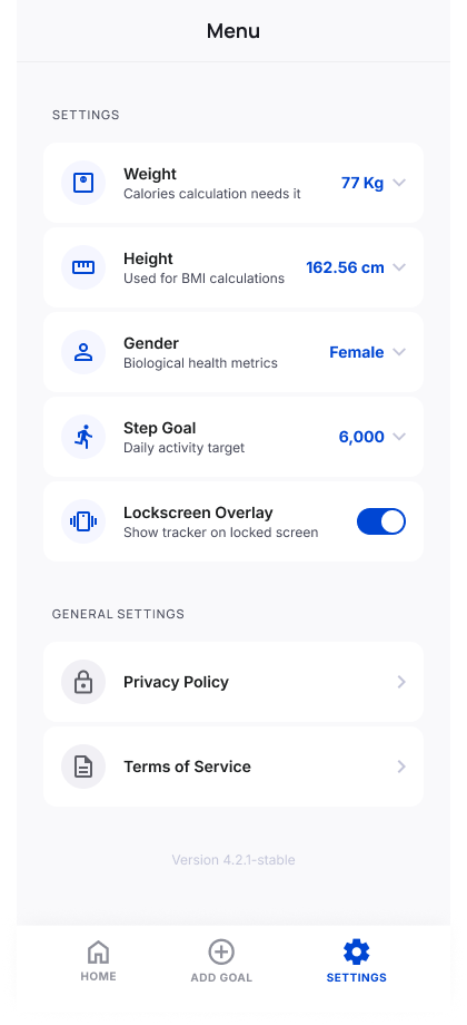 Settings screen with profile, step goal, privacy policy, and terms links.